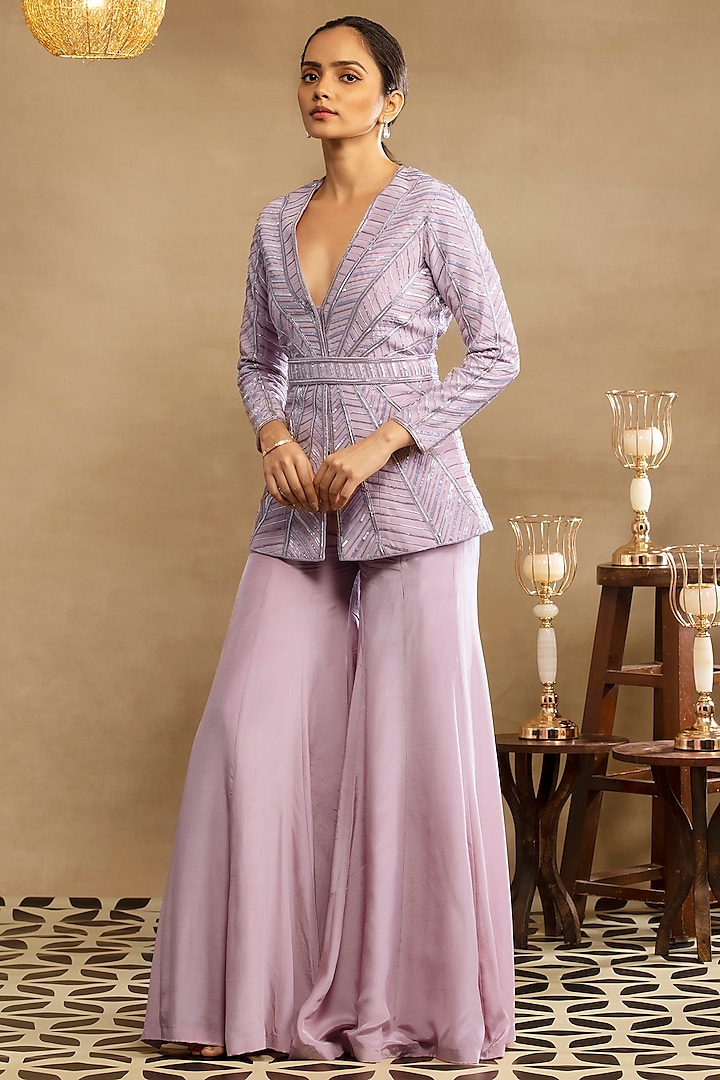 Lilac Silk Crepe Sharara Set by Isha & Shreya