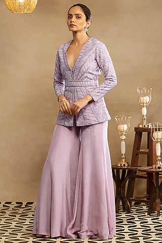 Lilac Silk Crepe Sharara Set by Isha & Shreya