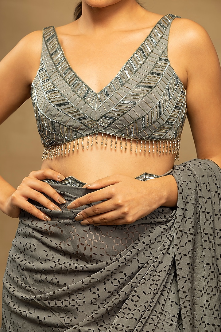 Sage Green Embroidered Wedding Saree Set by Isha & Shreya at Pernia's Pop Up Shop