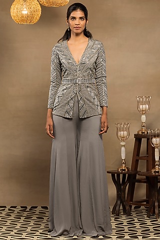Sage Green Crepe Sharara Set by Isha & Shreya