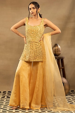 Sunflower Yellow Satin Organza Sharara Set by Isha & Shreya
