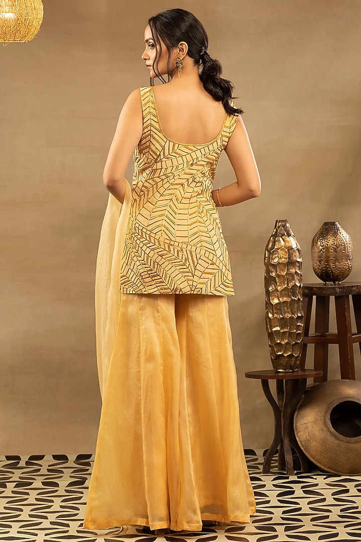 Sunflower Yellow Satin Organza Wedding Sharara Set by Isha & Shreya at Pernia's Pop Up Shop