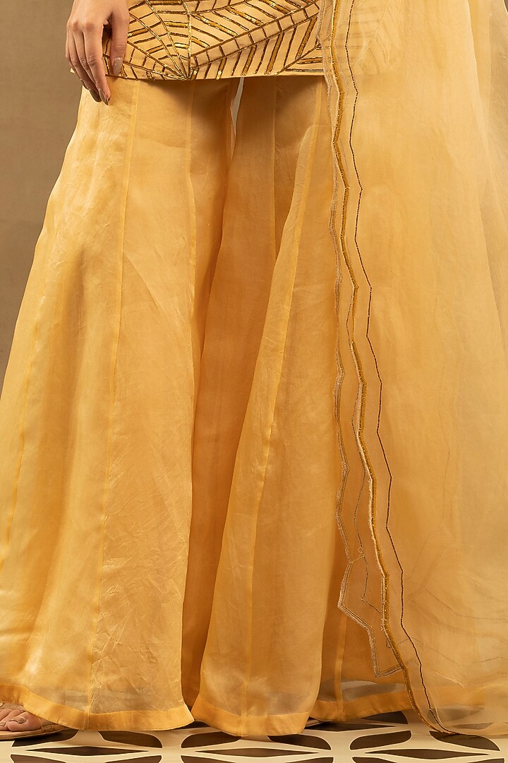 Sunflower Yellow Satin Organza Wedding Sharara Set by Isha & Shreya at Pernia's Pop Up Shop