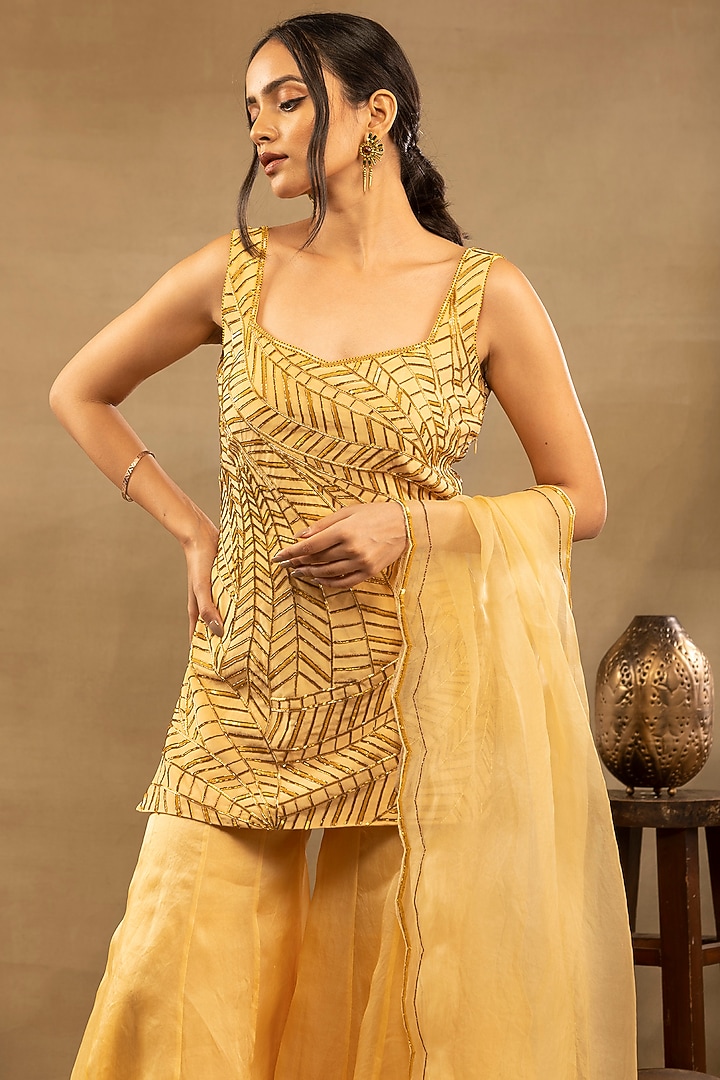 Sunflower Yellow Satin Organza Wedding Sharara Set by Isha & Shreya at Pernia's Pop Up Shop