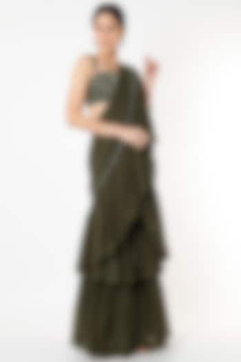 Olive Green Georgette & Lurex Hand Embroidered Ruffled Wedding Saree Set by Isha & Shreya at Pernia's Pop Up Shop