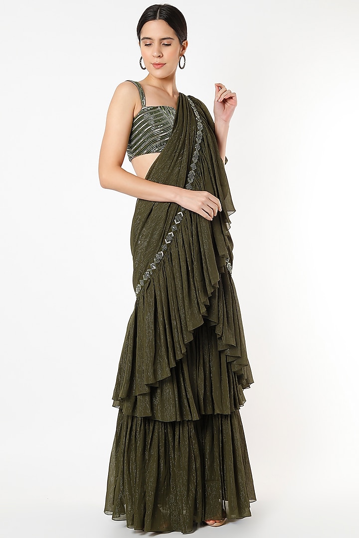 Olive Green Georgette & Lurex Ruffled Saree Set Design by Isha & Shreya ...