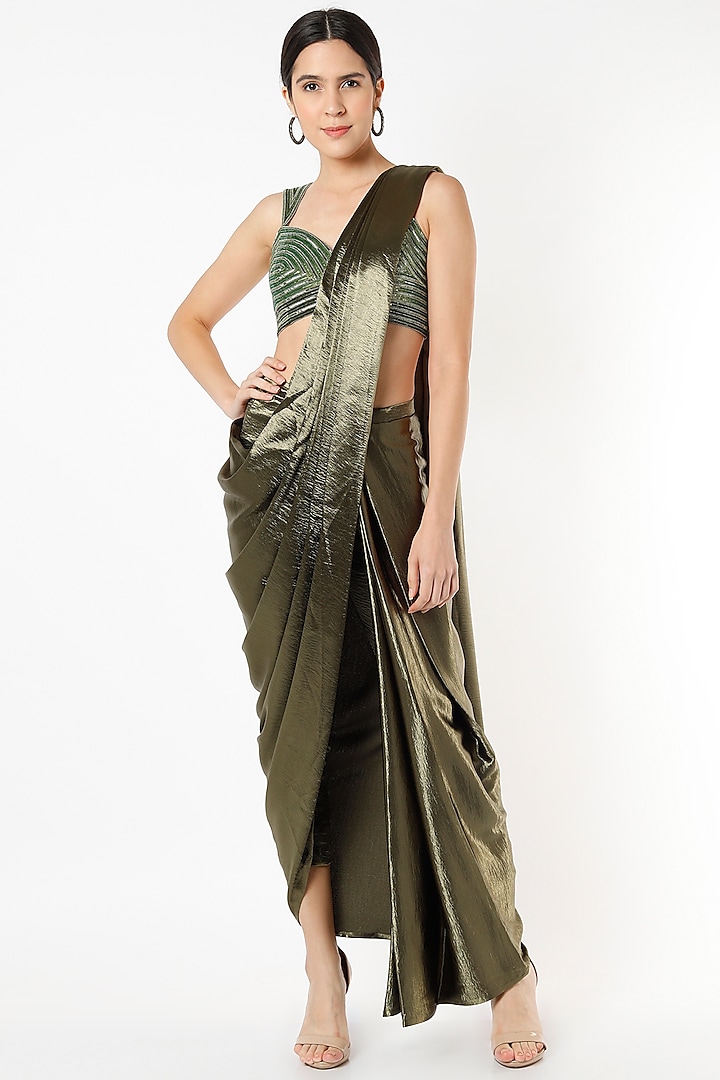 Metallic Green Polyester Pre-Draped Saree Set Design by Isha & Shreya ...