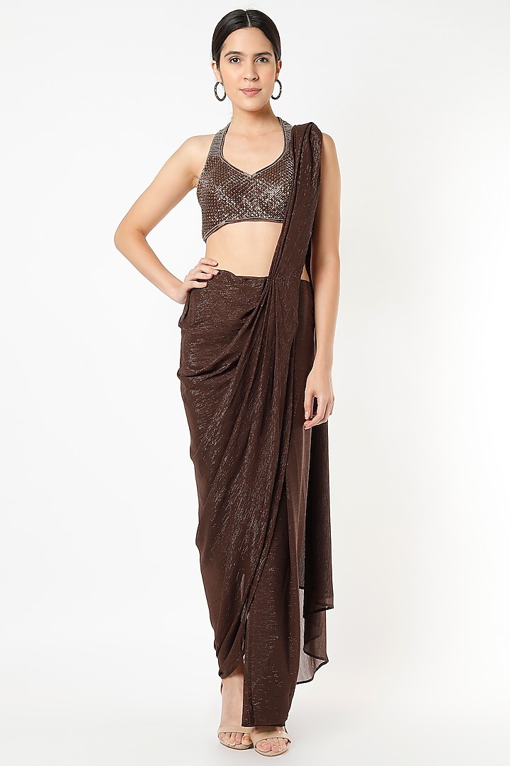 Metallic Brown Georgette & Lurex Pre-Draped Saree Set Design by Isha ...