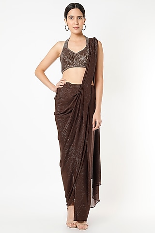 Metallic Brown Georgette & Lurex Pre-Draped Saree Set by Isha & Shreya