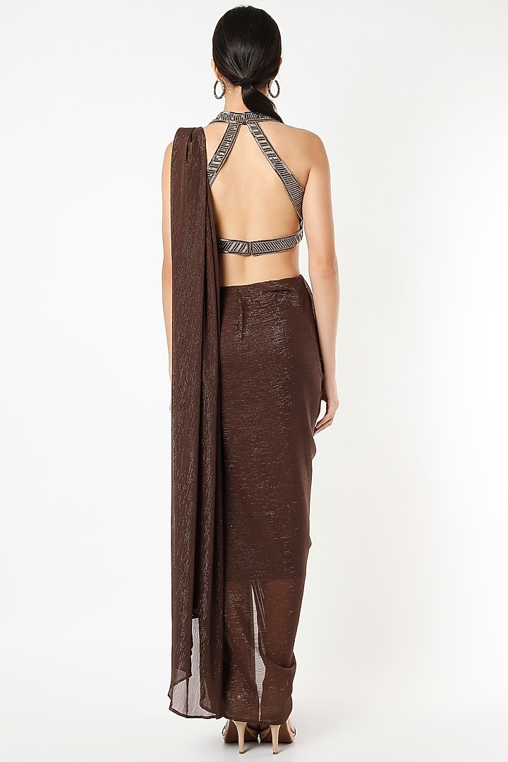 Metallic Brown Georgette & Lurex Pre-Draped Wedding Saree Set by Isha & Shreya at Pernia's Pop Up Shop