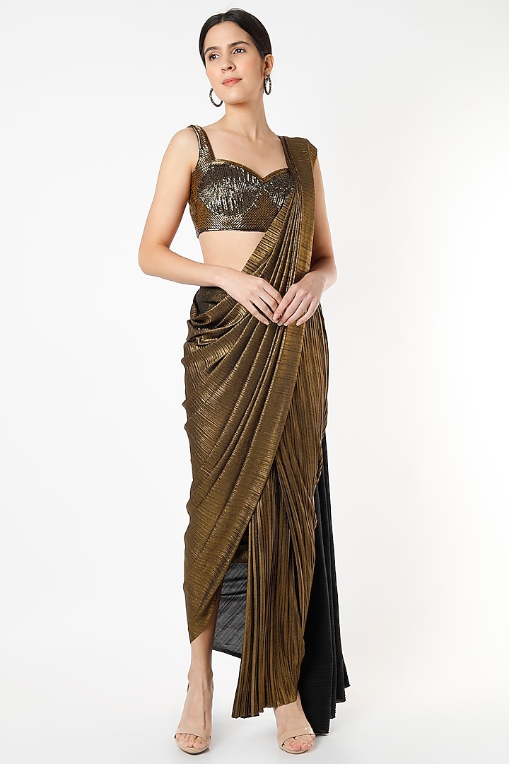 Metallic Brown Polyester, Spandex, & Lurex Pre-Draped Saree Set by Isha Mittal