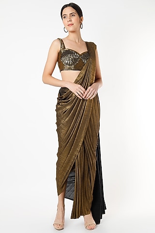 Metallic Gold Polyester Spandex & Lurex Pre-Draped Saree Set by Isha & Shreya