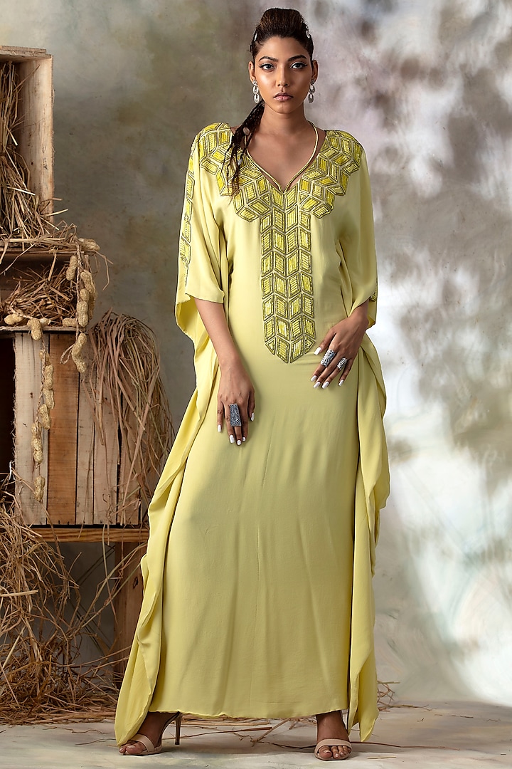 Citrus Yellow Hand Embroidered Kaftan by Isha & Shreya at Pernia's Pop Up Shop