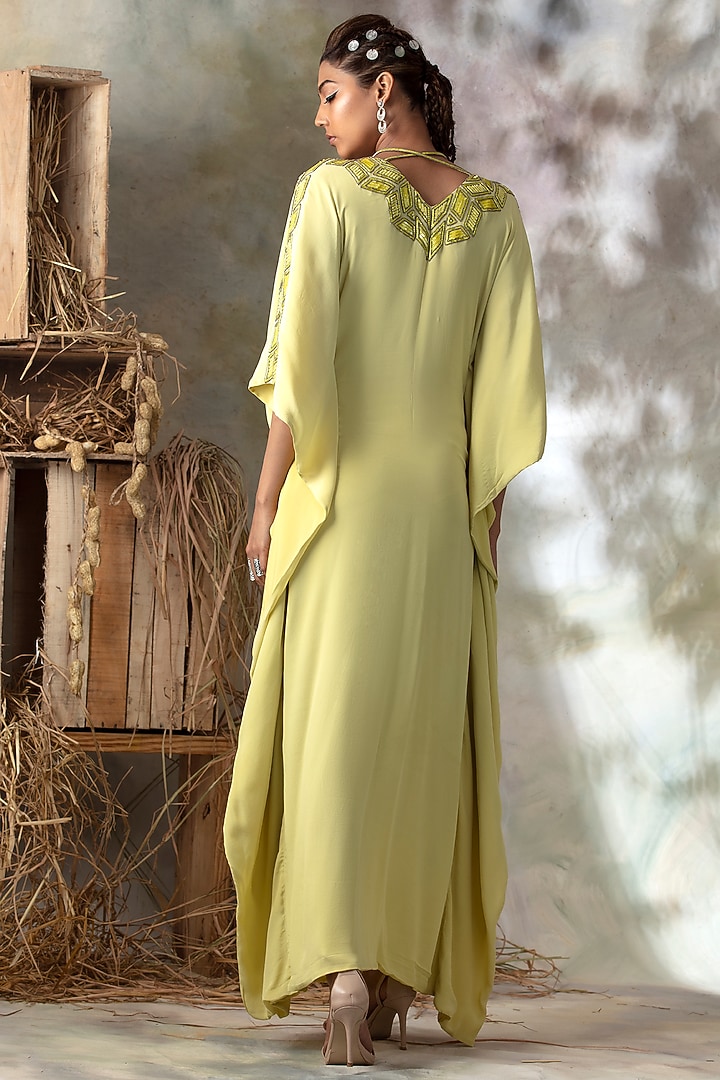 Citrus Yellow Hand Embroidered Kaftan by Isha & Shreya at Pernia's Pop Up Shop