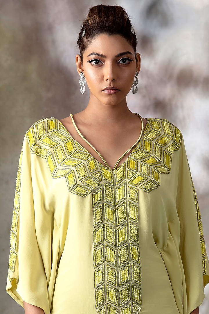 Citrus Yellow Hand Embroidered Kaftan by Isha & Shreya at Pernia's Pop Up Shop