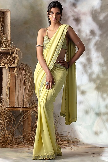 Citrus Yellow Sequins Embroidered Wedding Saree Set by Isha & Shreya at Pernia's Pop Up Shop