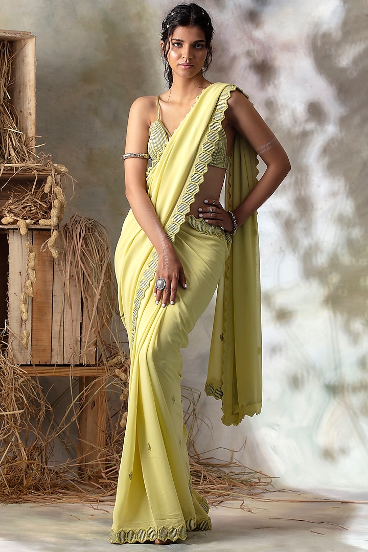 Citrus Yellow Sequins Embroidered Saree Set by Isha & Shreya