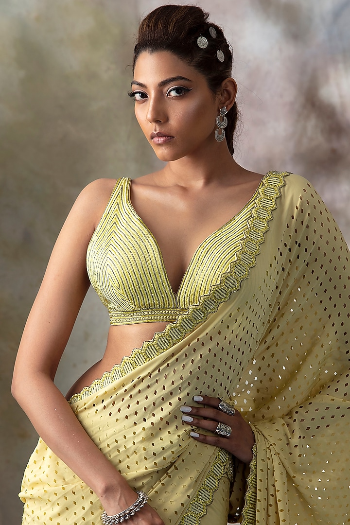 Citrus Yellow Hand Embroidered Wedding Saree Set by Isha & Shreya at Pernia's Pop Up Shop