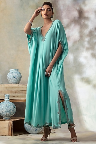Aqua Blue Hand Embroidered Kaftan by Isha & Shreya
