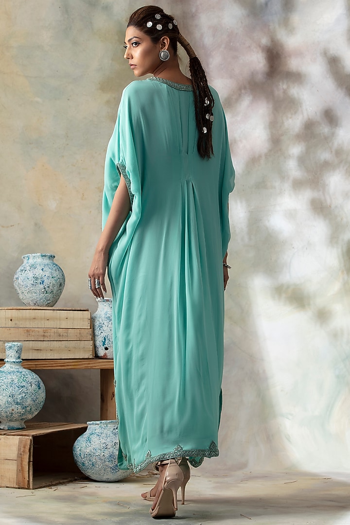 Aqua Blue Hand Embroidered Kaftan by Isha & Shreya at Pernia's Pop Up Shop