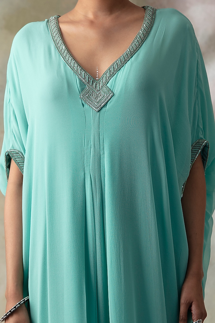 Aqua Blue Hand Embroidered Kaftan by Isha & Shreya at Pernia's Pop Up Shop