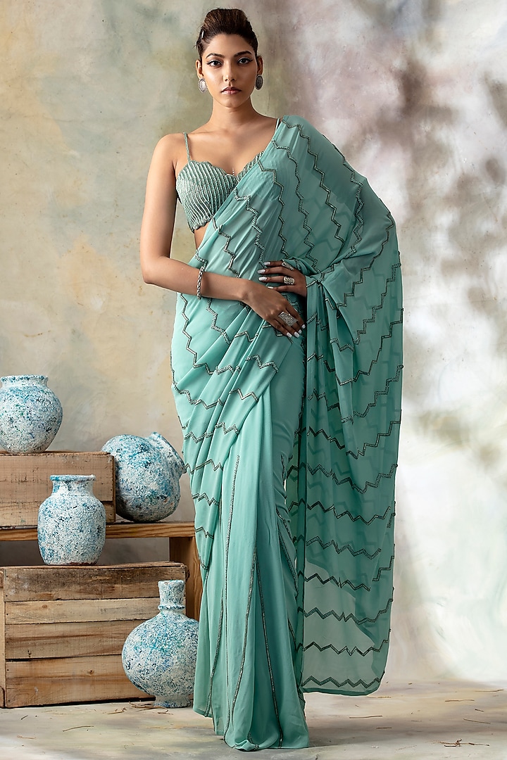 Tropical Blue Hand Embroidered Saree Set by Isha & Shreya