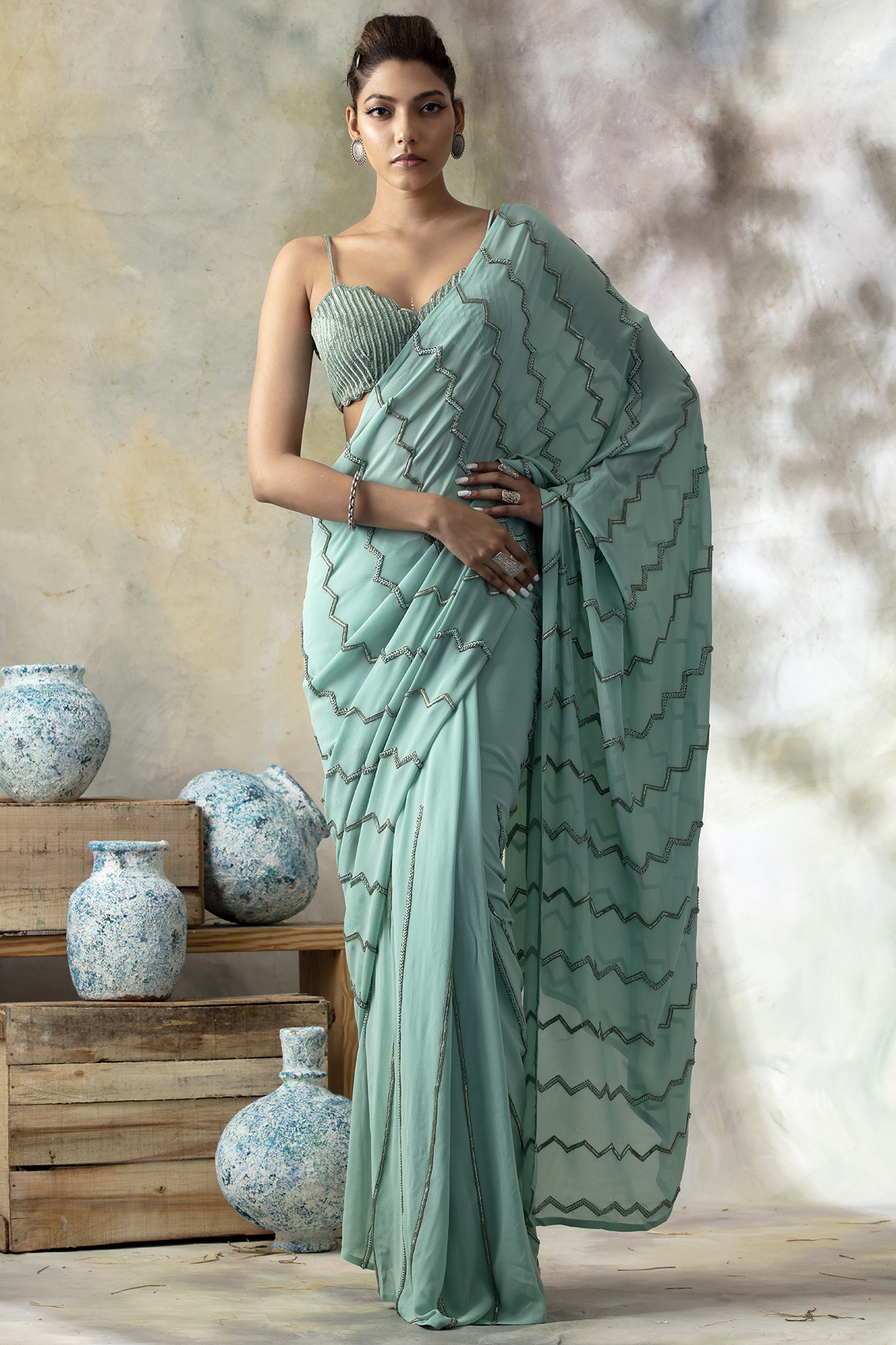 Tropical Blue Hand Embroidered Saree Set by Isha & Shreya