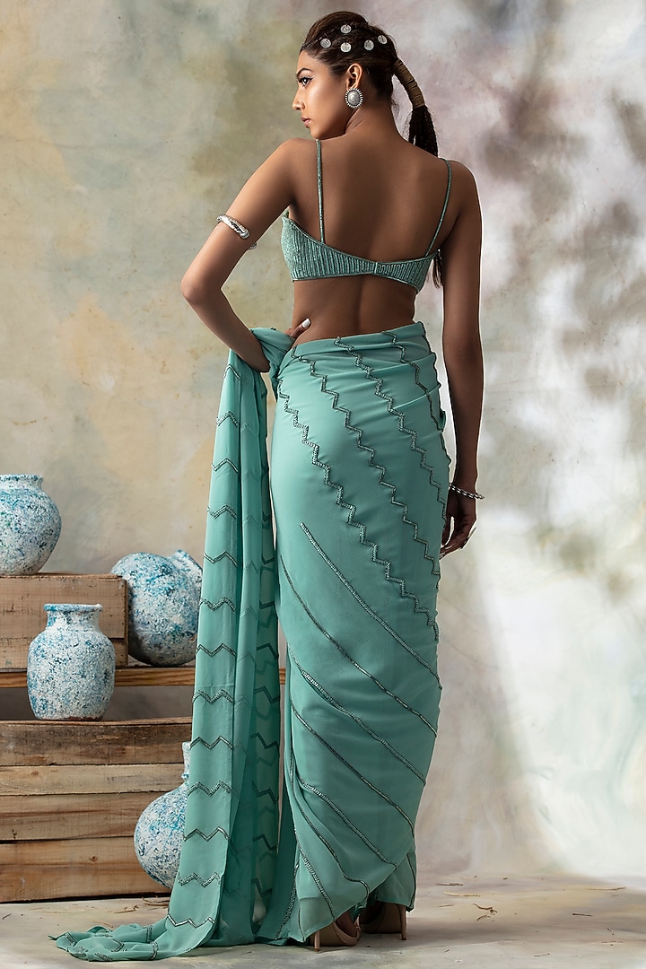 Tropical Blue Hand Embroidered Wedding Saree Set by Isha & Shreya at Pernia's Pop Up Shop