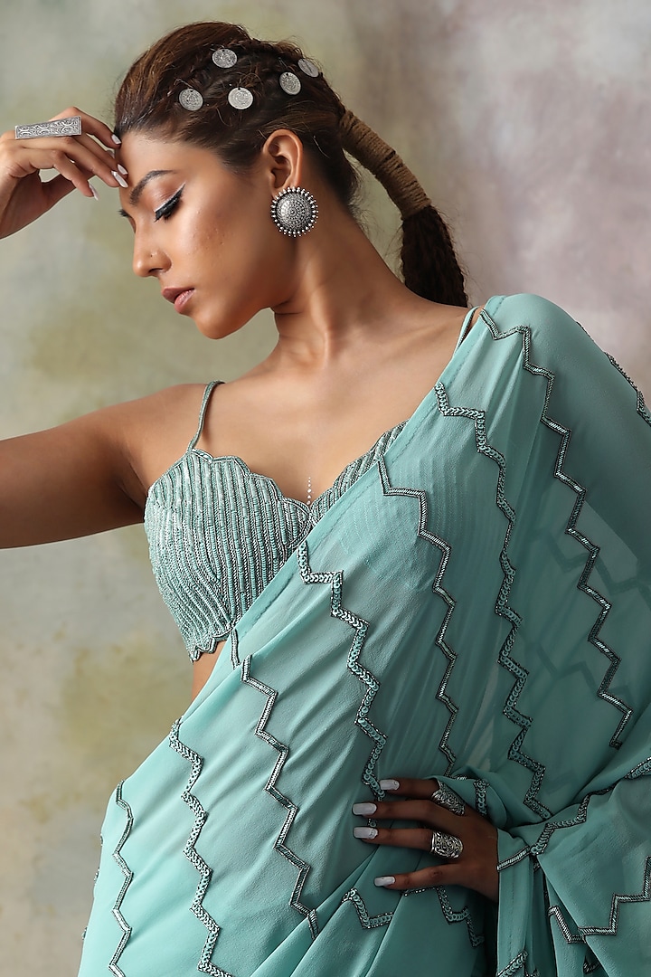 Tropical Blue Hand Embroidered Wedding Saree Set by Isha & Shreya at Pernia's Pop Up Shop