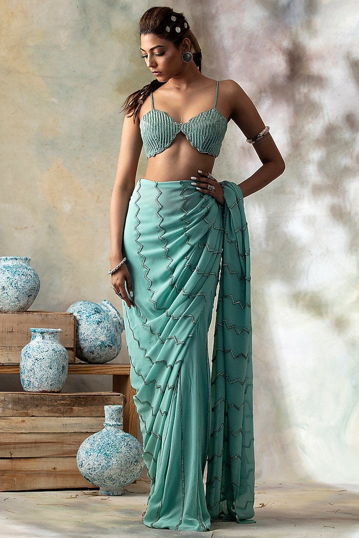 Tropical Blue Hand Embroidered Wedding Saree Set by Isha & Shreya at Pernia's Pop Up Shop