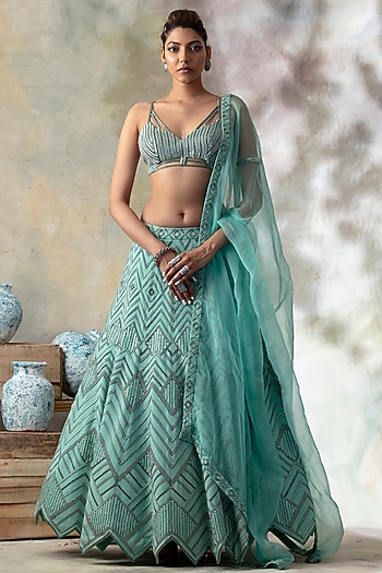 Aqua Blue Hand Embroidered Wedding Lehenga Set by Isha & Shreya at Pernia's Pop Up Shop