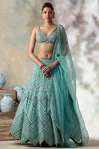 Aqua Blue Hand Embroidered Lehenga Set by Isha & Shreya