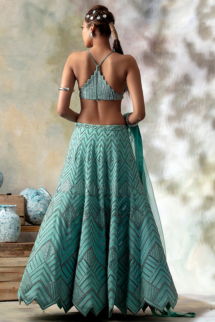 Aqua Blue Hand Embroidered Wedding Lehenga Set by Isha & Shreya at Pernia's Pop Up Shop