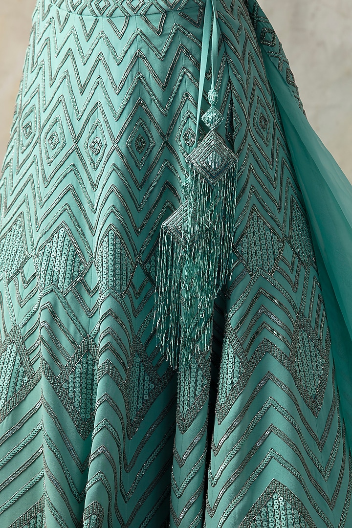 Aqua Blue Hand Embroidered Wedding Lehenga Set by Isha & Shreya at Pernia's Pop Up Shop