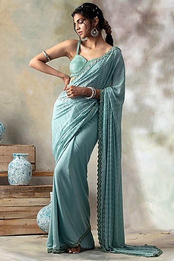 Aqua Blue Embroidered Wedding Saree Set by Isha & Shreya at Pernia's Pop Up Shop