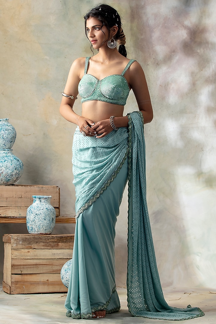 Aqua Blue Embroidered Wedding Saree Set by Isha & Shreya at Pernia's Pop Up Shop