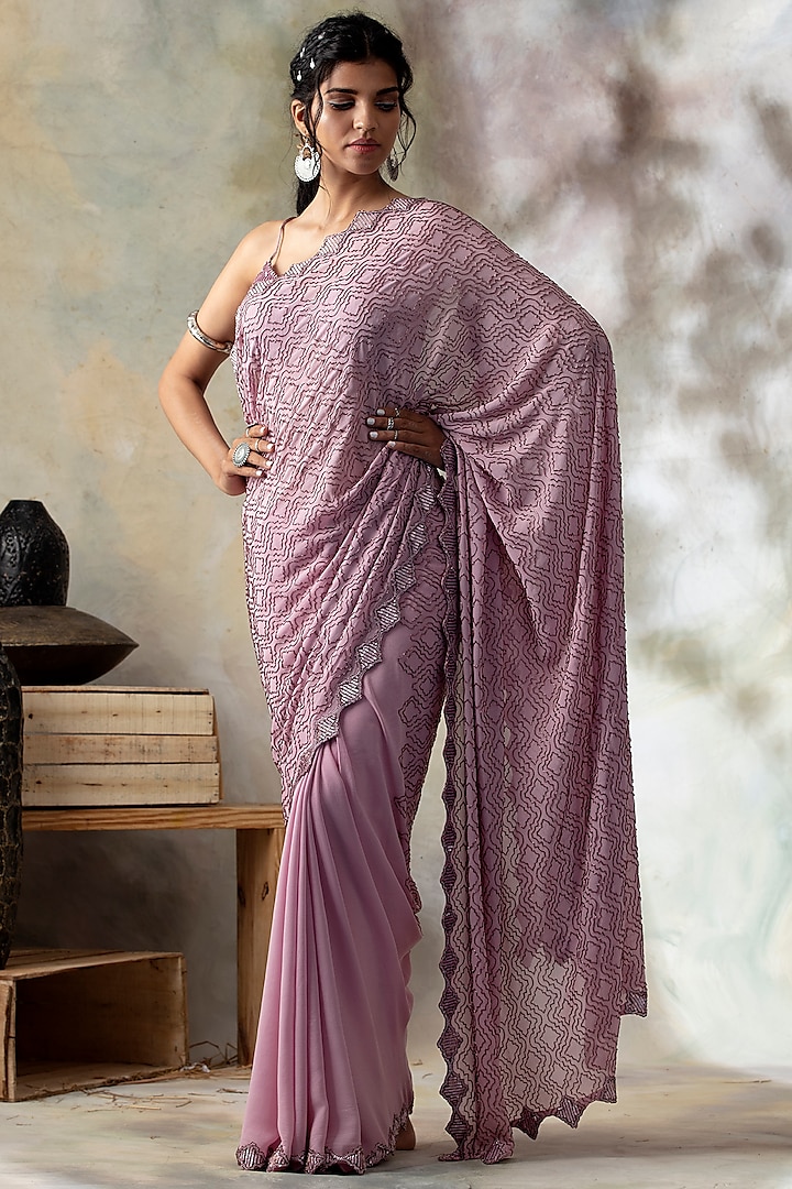 Dusty Lavender Silk Georgette Jaal Hand Embroidered Saree Set by Isha & Shreya
