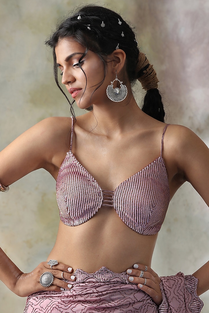 Dusty Lavender Silk Georgette Jaal Hand Embroidered Wedding Saree Set by Isha & Shreya at Pernia's Pop Up Shop