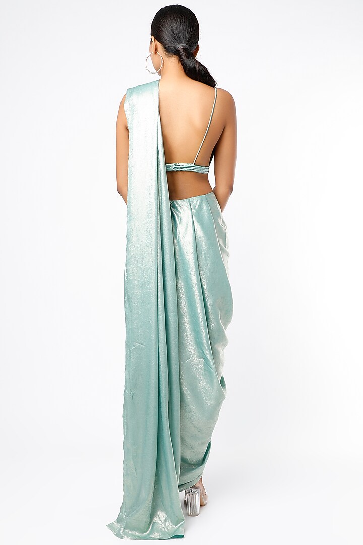 Metallic Blue Pre-Draped Party Wear Saree by Isha & Shreya at Pernia's Pop Up Shop