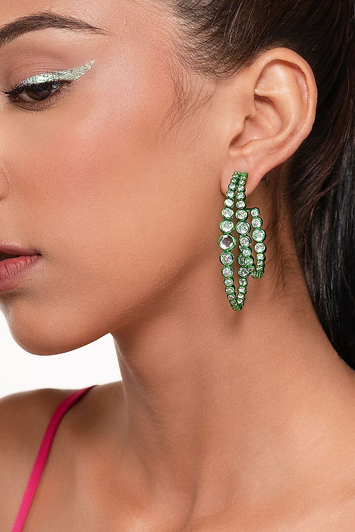 Green CZ & Mirror Double Layered Hoop Earrings by Isharya
