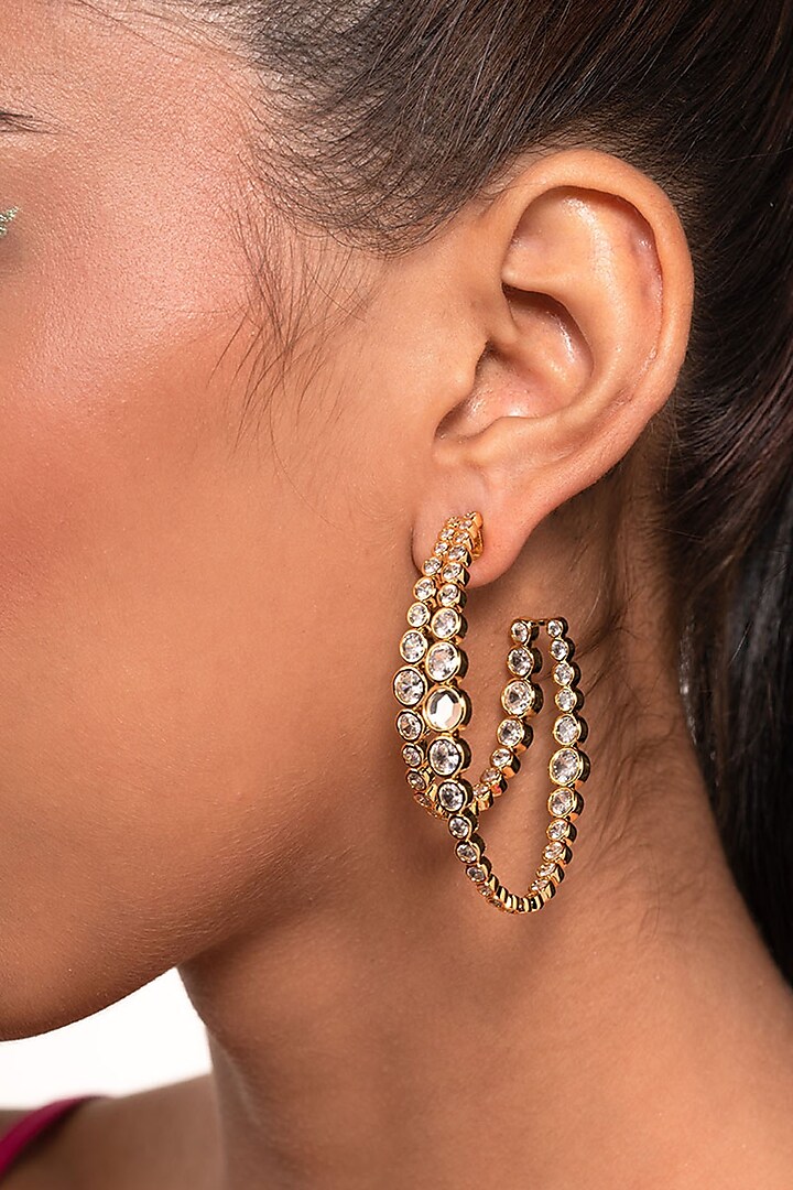 Gold Plated CZ & Mirror Double Layered Hoop Earrings by Isharya
