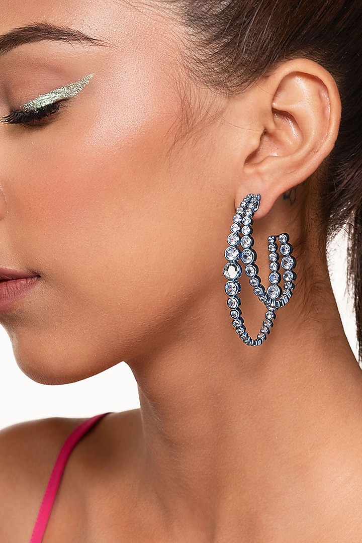 Aqua Blue CZ & Mirror Double Layered Hoop Earrings by Isharya