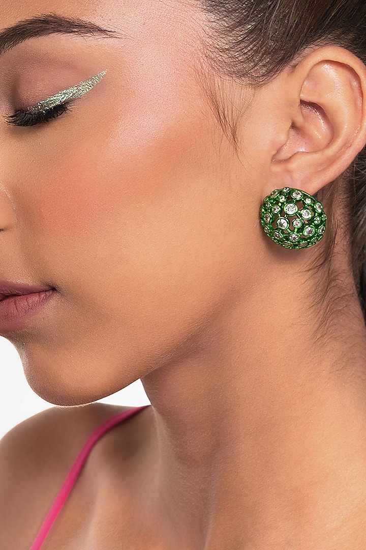 Green CZ Mesh Stud Earrings by Isharya at Pernia's Pop Up Shop