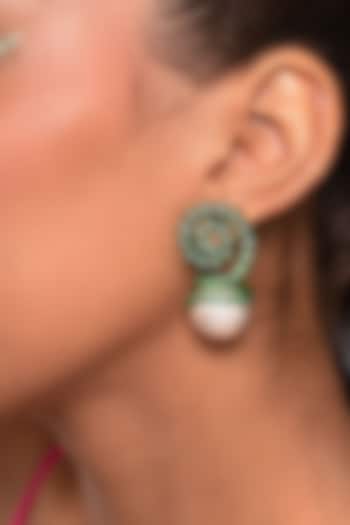 Green CZ & Pearl Stud Earrings by Isharya