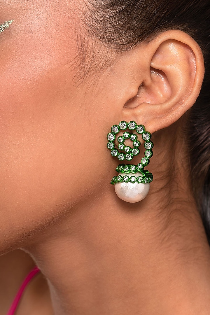 Green CZ & Pearl Stud Earrings by Isharya at Pernia's Pop Up Shop