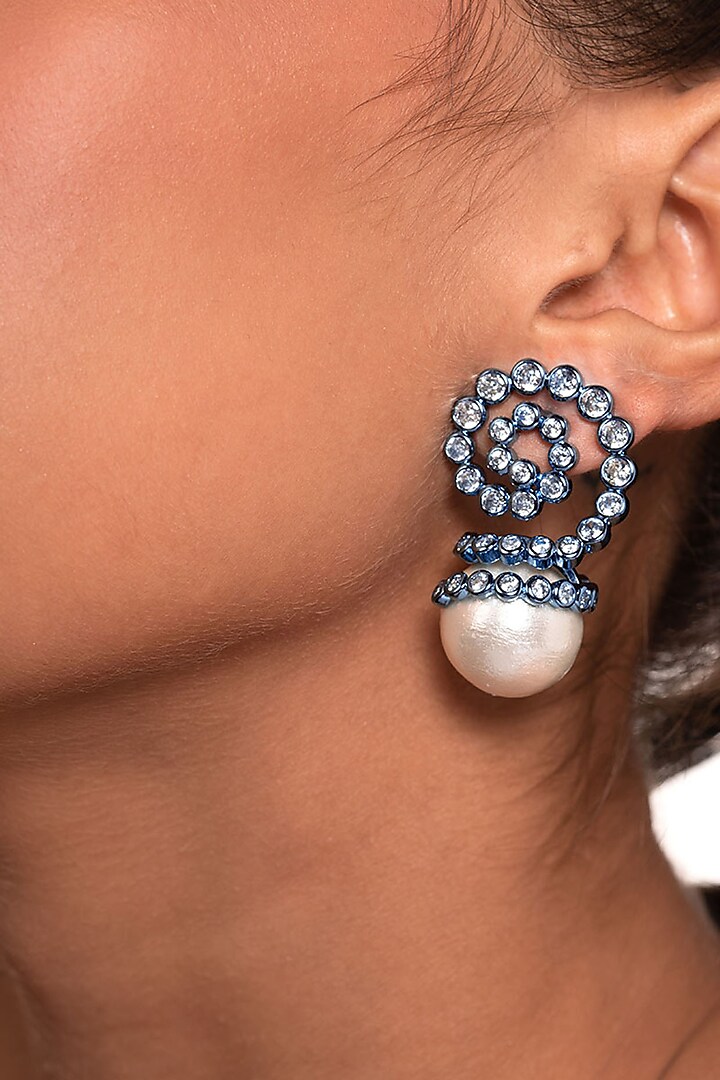 Aqua Blue CZ & Pearl Stud Earrings by Isharya