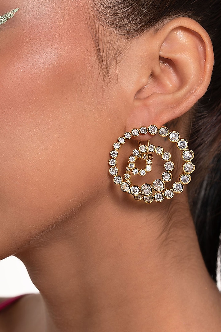 Gold Plated CZ & Mirror Swirl Hoop Earrings by Isharya
