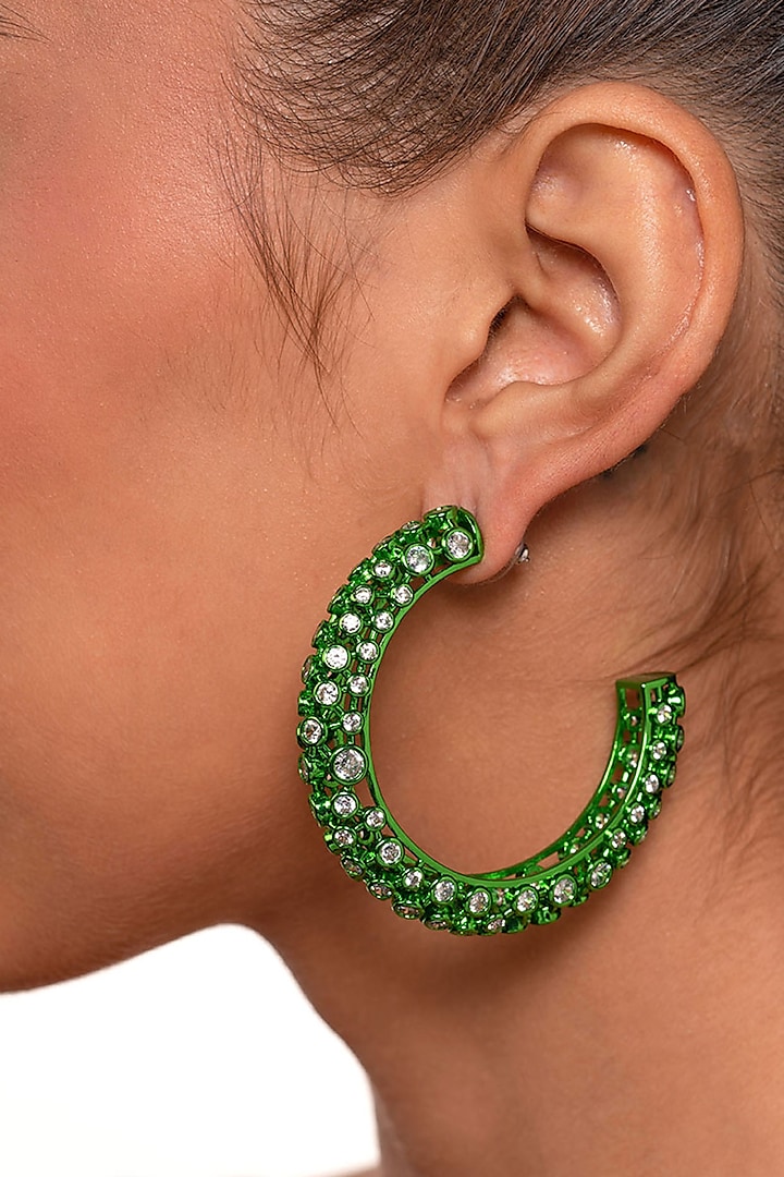 Green CZ Handcrafted Mesh Hoop Earrings by Isharya