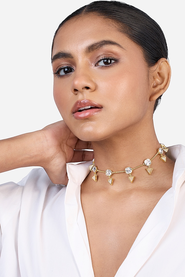 Gold Plated CZ Stone & Crystal Pyramid Choker Necklace by Isharya