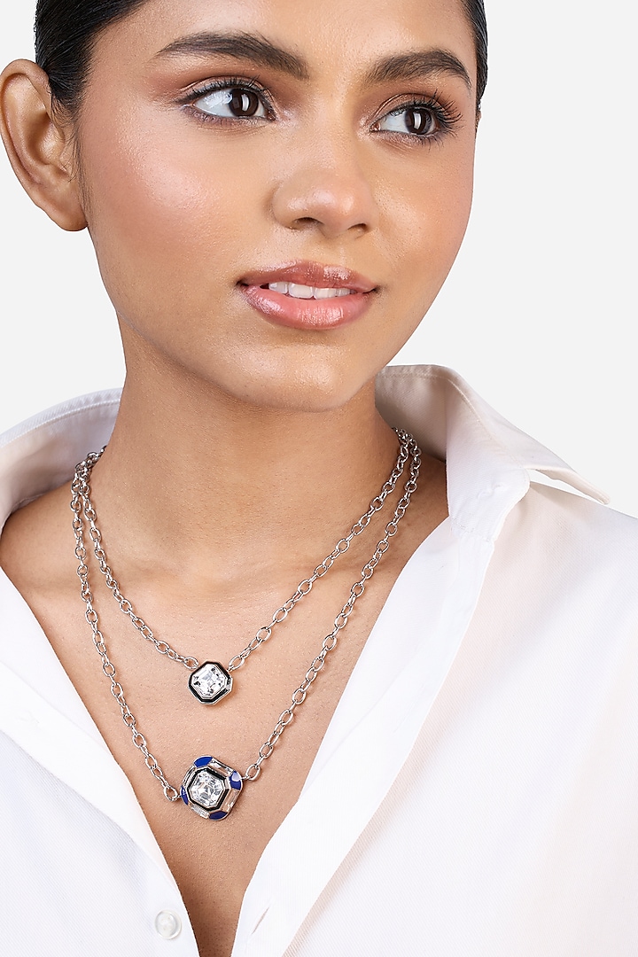 Black Rhodium Finish Blue Lapis Stone & Crystal Layered Necklace by Isharya
